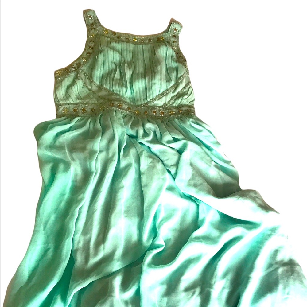 Long floor length dress mint green with silver crystals and rhinestones